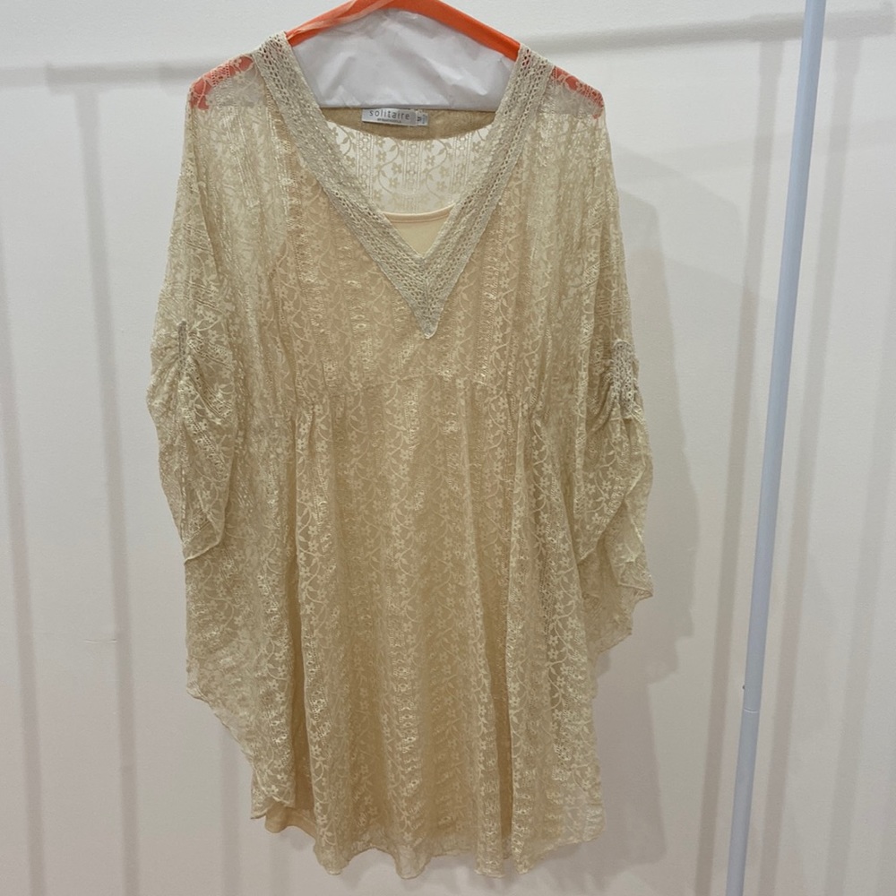SOLITAIRE Lacy Cream Blouse with Built-in Tanktop, Size M